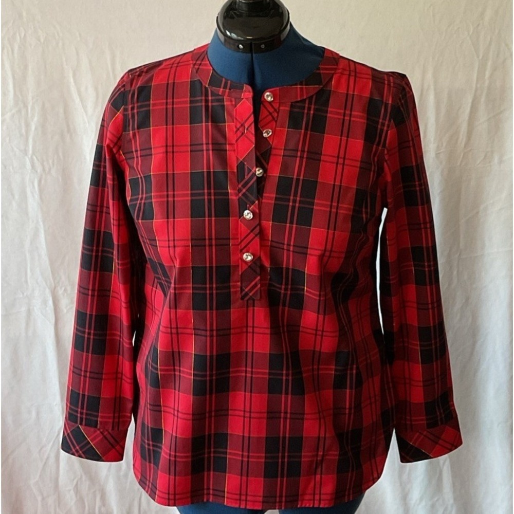 Talbots Non Iron Popover Top Shirt Red Tartan Plaid Academia Rhinestone Medium P